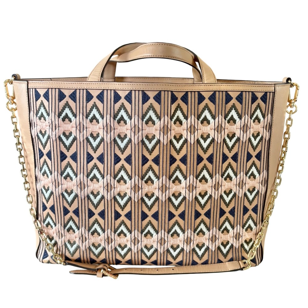 $598 TORY BURCH East West Embroidered Leather Tote/Shoulder Bag Chain Strap EUC
